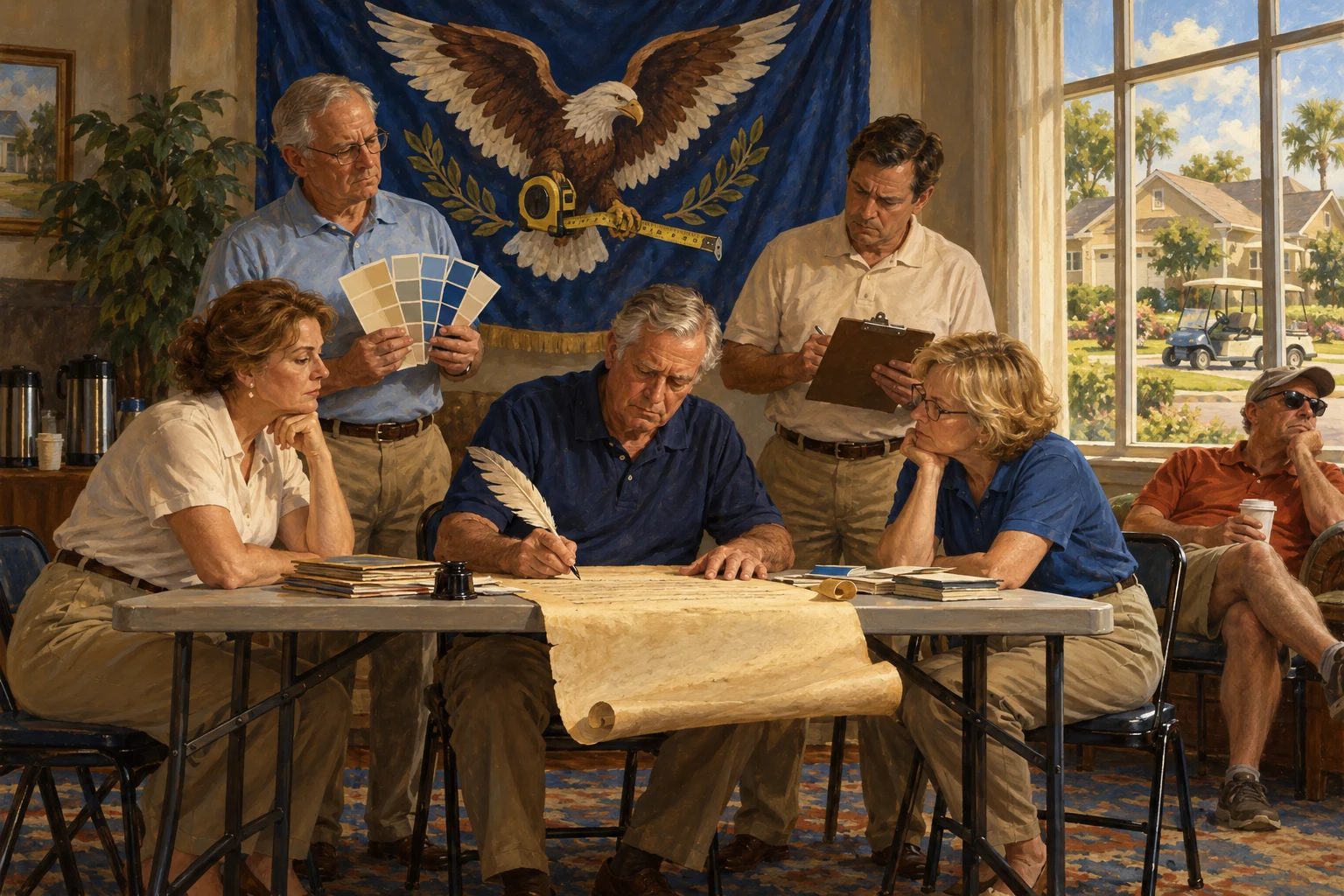 An HOA board solemnly signs a declaration at a folding table, with paint swatches and an eagle holding a tape measure on its flag.